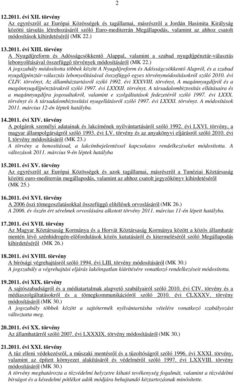 módosítások kihirdetésérıl (MK 22.) 13. 2011. évi XIII.