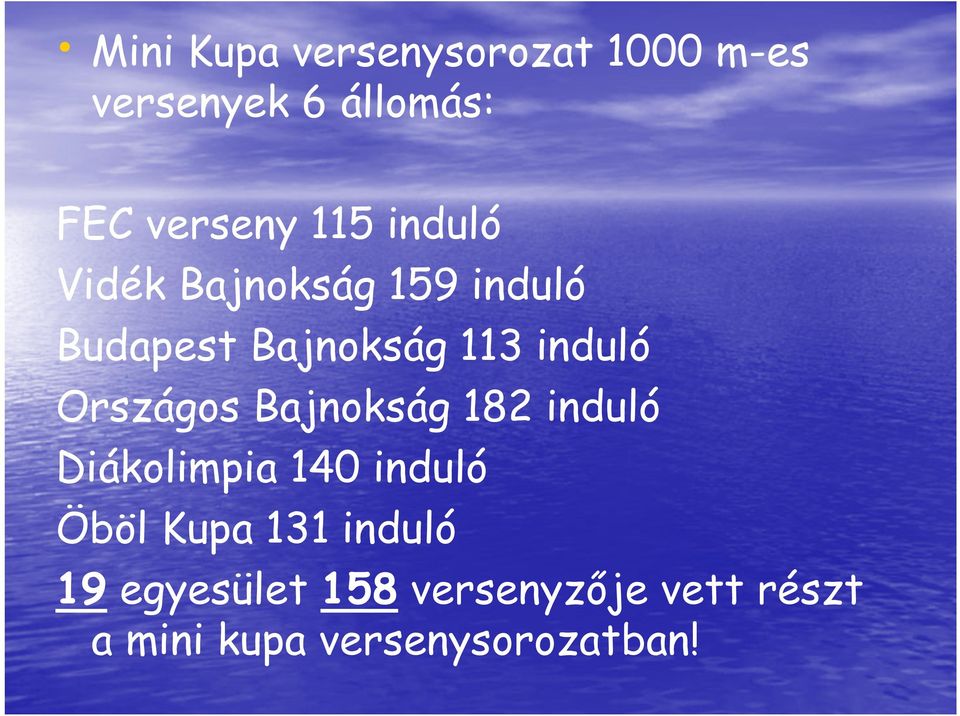 Országos Bajnokság 182 induló Diákolimpia 140 induló Öböl Kupa 131