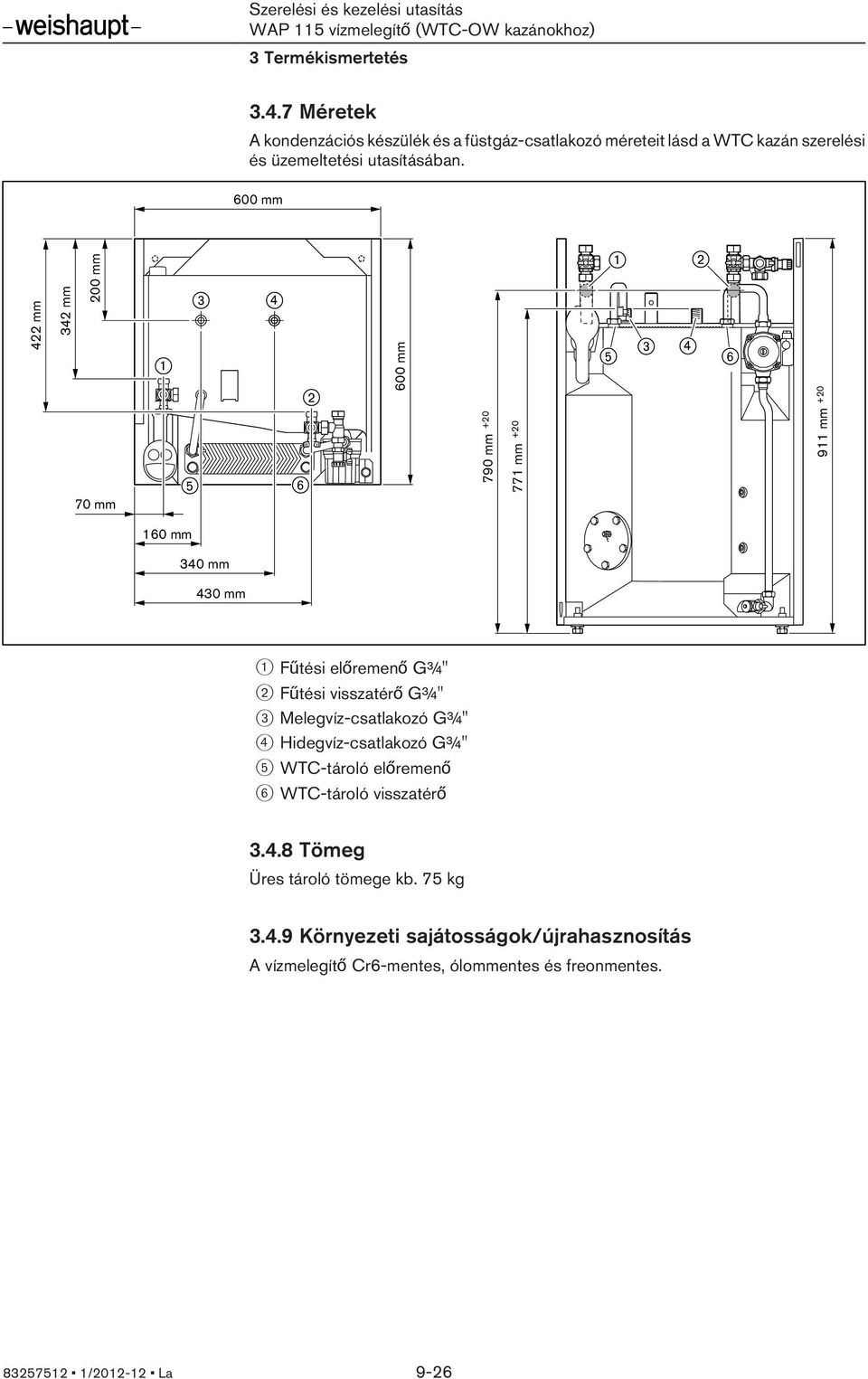 600 mm 422 mm 342 mm 200 mm 70 mm 600 mm 790 mm +20 771 mm +20 911 mm +20 160 mm 340 mm 430 mm 1 Fűtési előremenő G¾" 2 Fűtési visszatérő