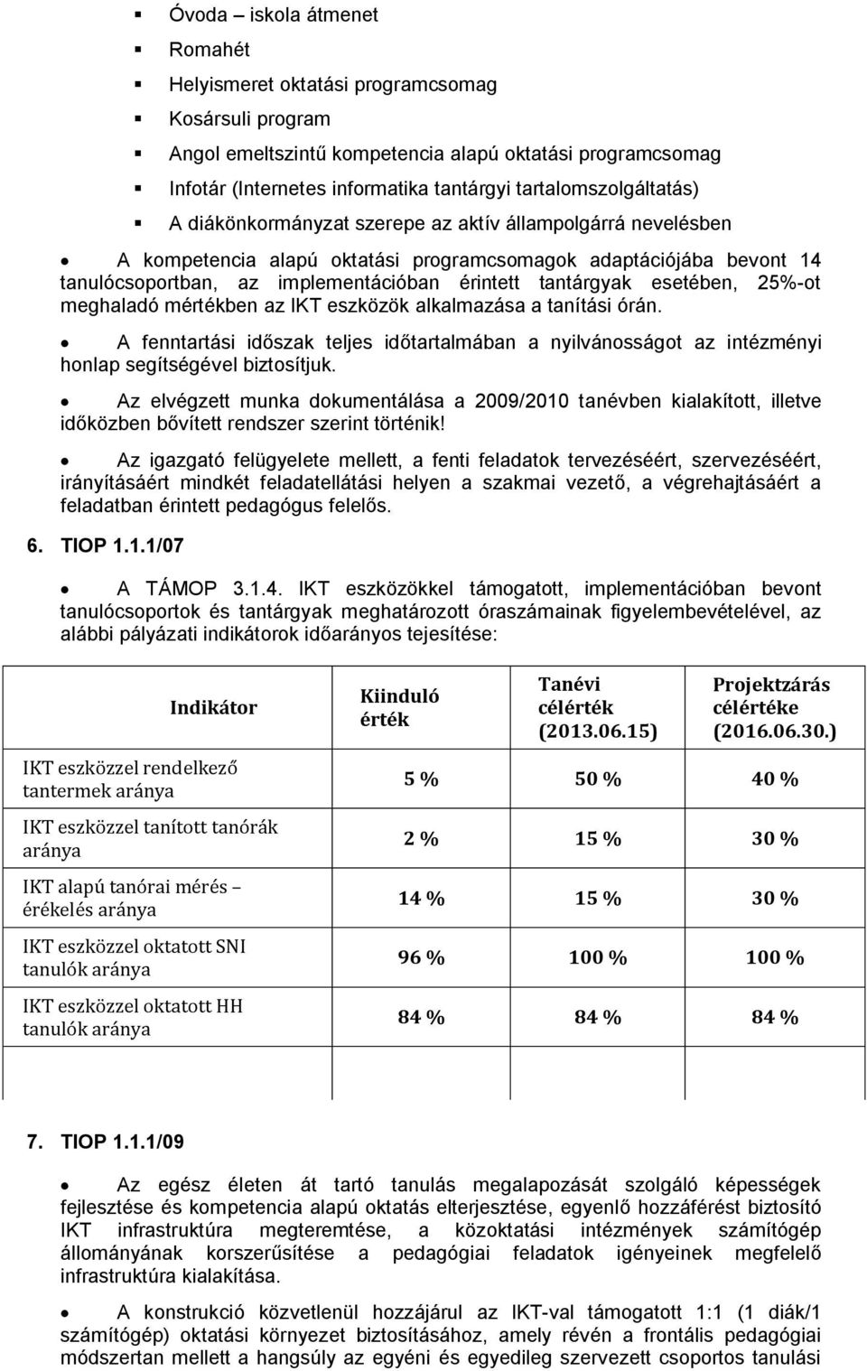 tantárgyak esetében, 25%-ot meghaladó mértékben az IKT eszközök alkalmazása a tanítási órán. A fenntartási időszak teljes időtartalmában a nyilvánosságot az intézményi honlap segítségével biztosítjuk.