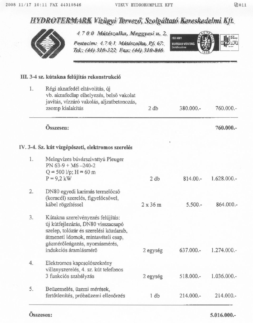 kútakna felú,jitásrekonstrukció 1. Régi aknafedéleltávolítás,új vb. aknafedlapelhelyezés,belso vakolat javítás, vízzáróvakolás,aljzatbetonozás, zsomp kialakítás 2 db 380,000.- 760.000.- Összesen: 760.