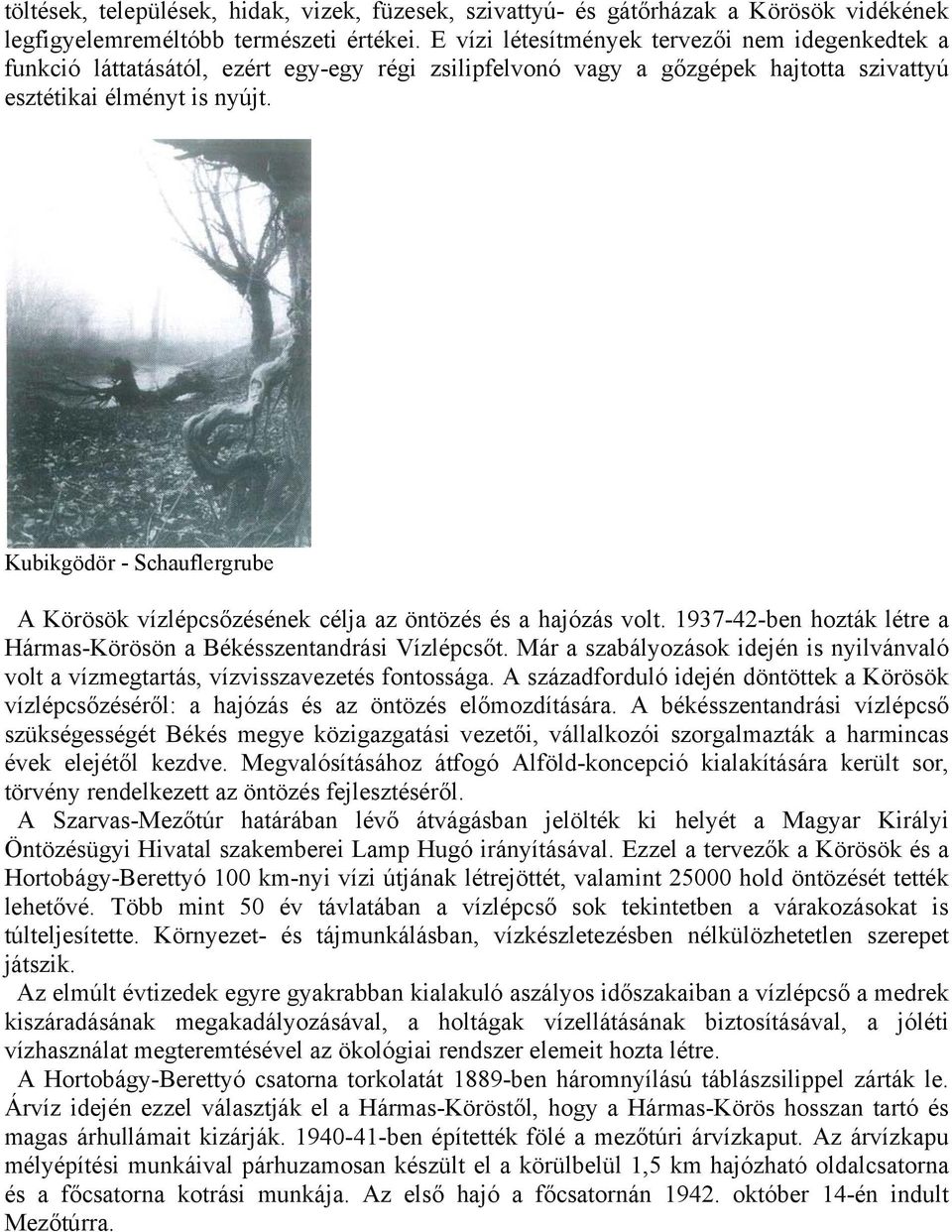 Kubikgödör - Schauflergrube A Körösök vízlépcsőzésének célja az öntözés és a hajózás volt. 1937-42-ben hozták létre a Hármas-Körösön a Békésszentandrási Vízlépcsőt.