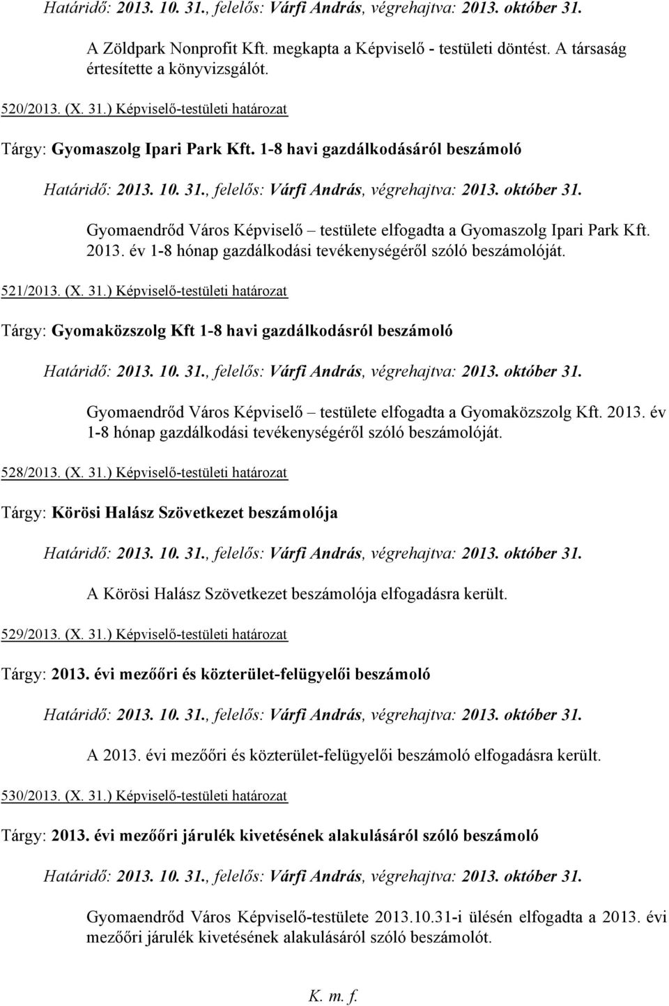 Gyomaendrőd Város Képviselő testülete elfogadta a Gyomaszolg Ipari Park Kft. 2013. év 1-8 hónap gazdálkodási tevékenységéről szóló beszámolóját. 521/2013. (X. 31.