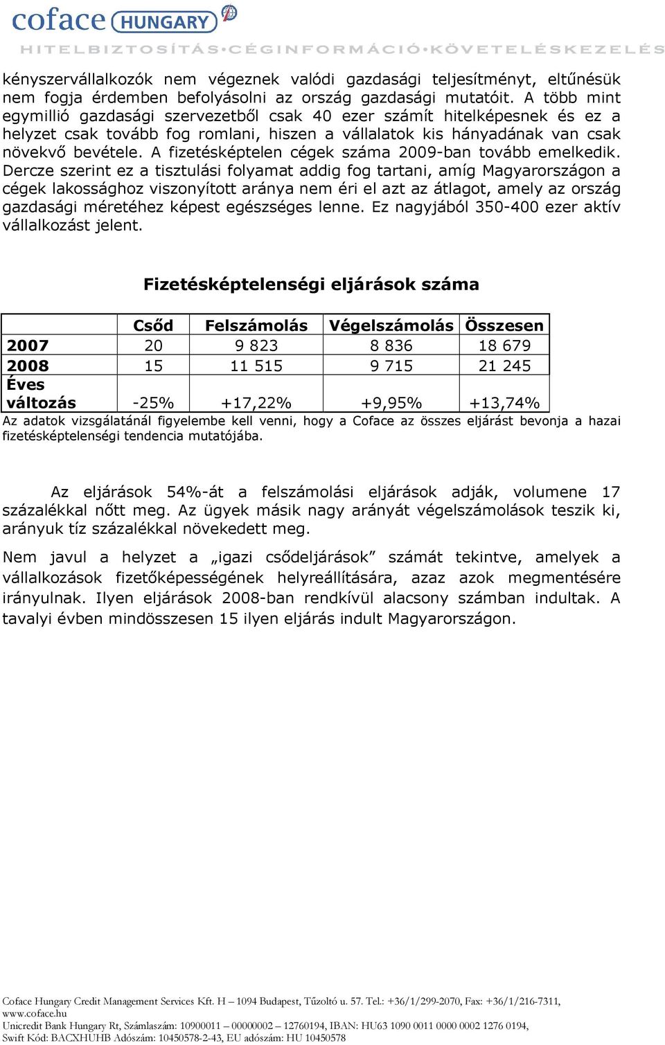 A fizetésképtelen száma 2009-ban tovább emelkedik.