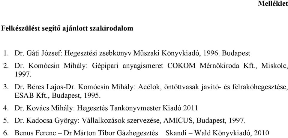 4. Dr. Kovács Mihály: Hegesztés Tankönyvmester Kiadó 2011 5. Dr. Kadocsa György: Vállalkozások szervezése, AMICUS, Budapest, 1997. 6.