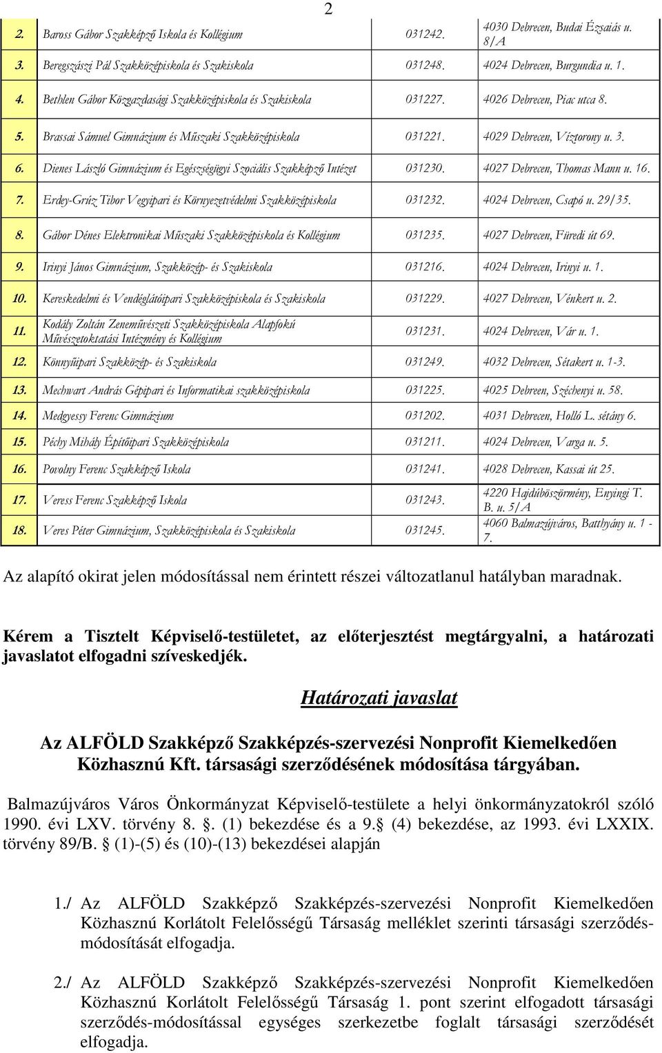 4027 Debrecen, Thomas Mann u. 16. 7. Erdey-Grúz Tibor Vegyipari és Környezetvédelmi Szakközépiskola 031232. 4024 Debrecen, Csapó u. 29/35. 8.