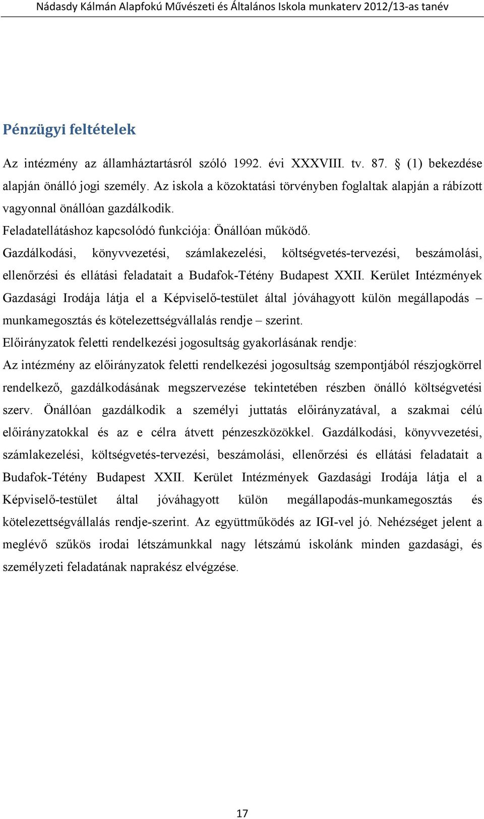 Gazdálkodási, könyvvezetési, számlakezelési, költségvetés-tervezési, beszámolási, ellenőrzési és ellátási feladatait a Budafok-Tétény Budapest XXII.