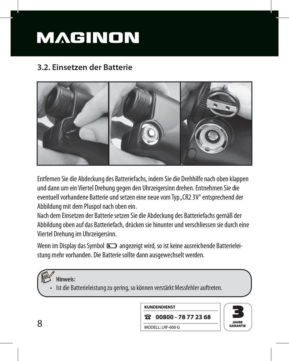 Nach dem Einsetzen der Batterie setzen Sie die Abdeckung des Batteriefachs gemäß der Abbildung oben auf das Batteriefach, drücken sie hinunter und verschliessen sie durch eine Viertel Drehung