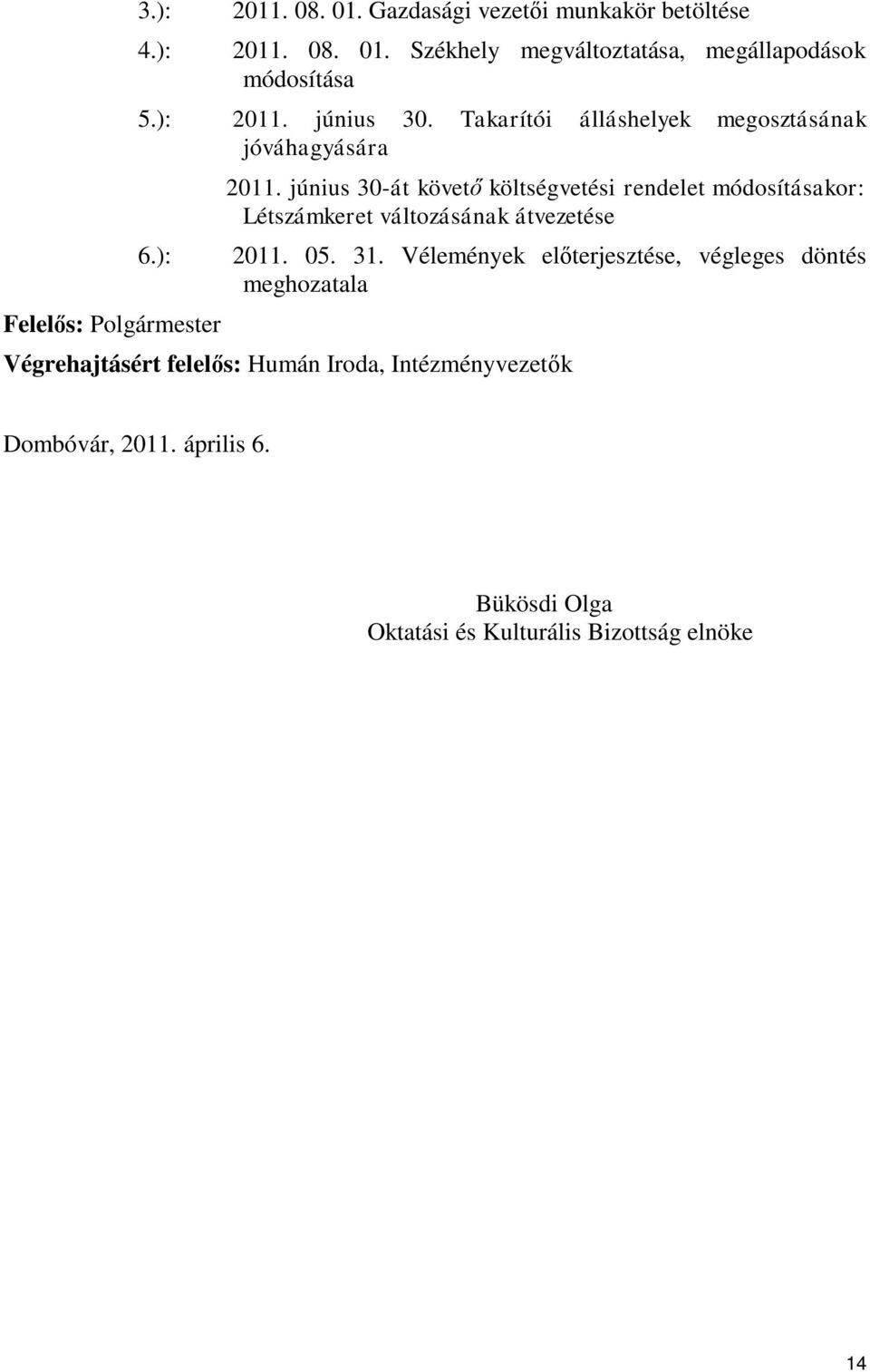 június 30-át követő költségvetési rendelet módosításakor: Létszámkeret változásának átvezetése 6.): 2011. 05. 31.