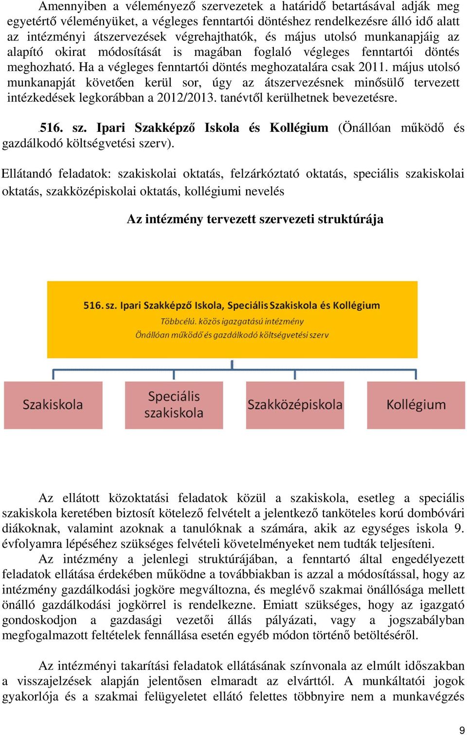 május utolsó munkanapját követően kerül sor, úgy az átszervezésnek minősülő tervezett intézkedések legkorábban a 2012/2013. tanévtől kerülhetnek bevezetésre..516. sz.