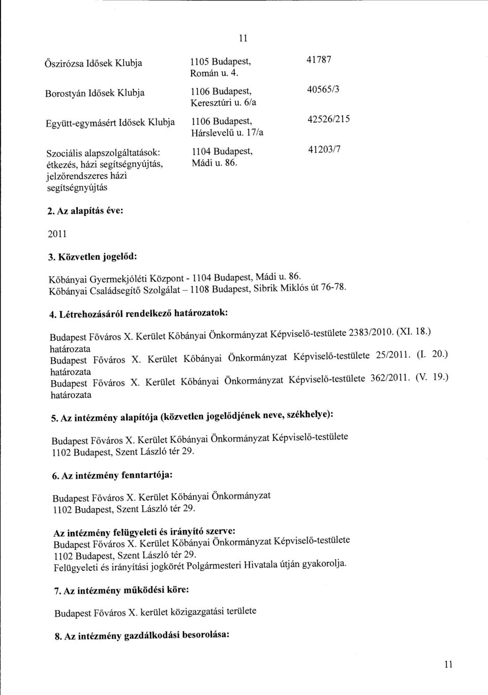 Közvetlen jogelőd: Kőbányai Gyermekjóléti Központ - ll 04 Budapest, Mádi u. 86. Kőbányai Családsegítő Szolgálat - ll 08 Budapest, Sibrik Miklós út 7 6-78. 4.