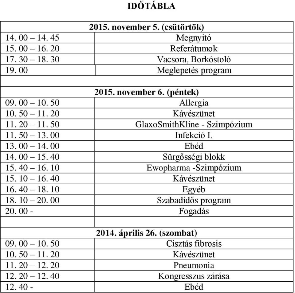 00 Ebéd 14. 00 15. 40 Sürgősségi blokk 15. 40 16. 10 Ewopharma -Szimpózium 15. 10 16. 40 Kávészünet 16. 40 18. 10 Egyéb 18. 10 20. 00 Szabadidős program 20.