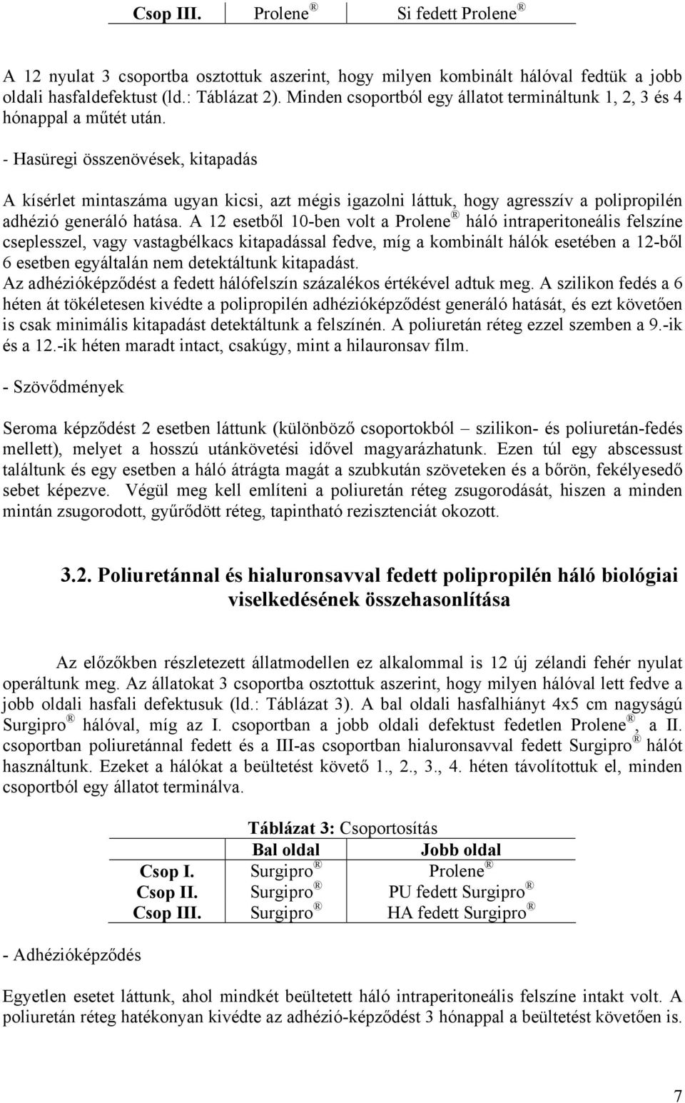 - Hasüregi összenövések, kitapadás A kísérlet mintaszáma ugyan kicsi, azt mégis igazolni láttuk, hogy agresszív a polipropilén adhézió generáló hatása.