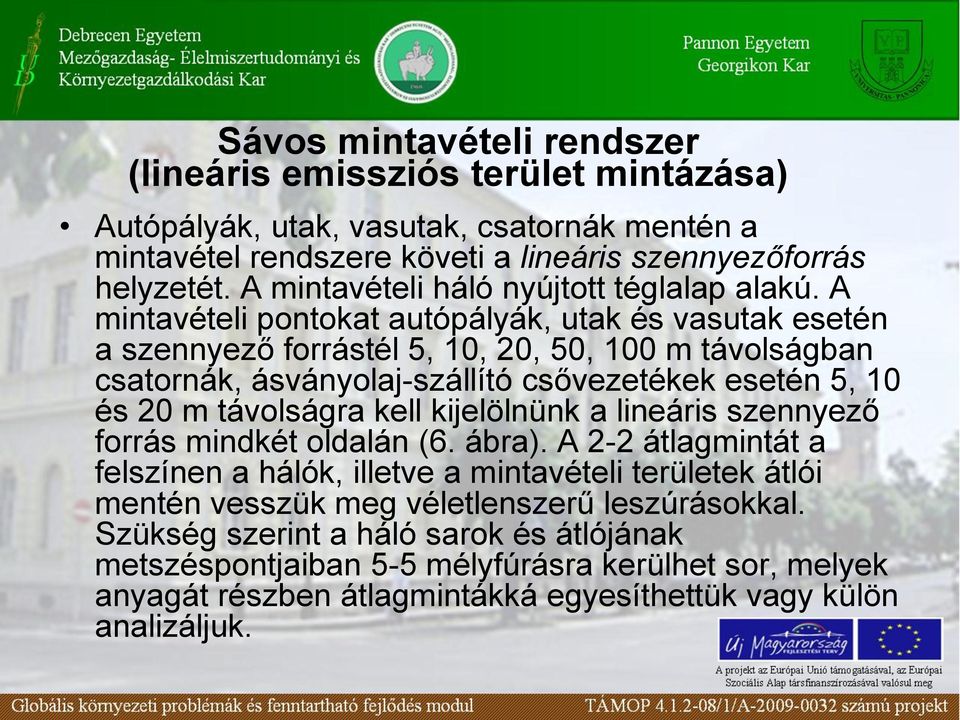 A mintavételi pontokat autópályák, utak és vasutak esetén a szennyező forrástél 5, 10, 20, 50, 100 m távolságban csatornák, ásványolaj-szállító csővezetékek esetén 5, 10 és 20 m távolságra