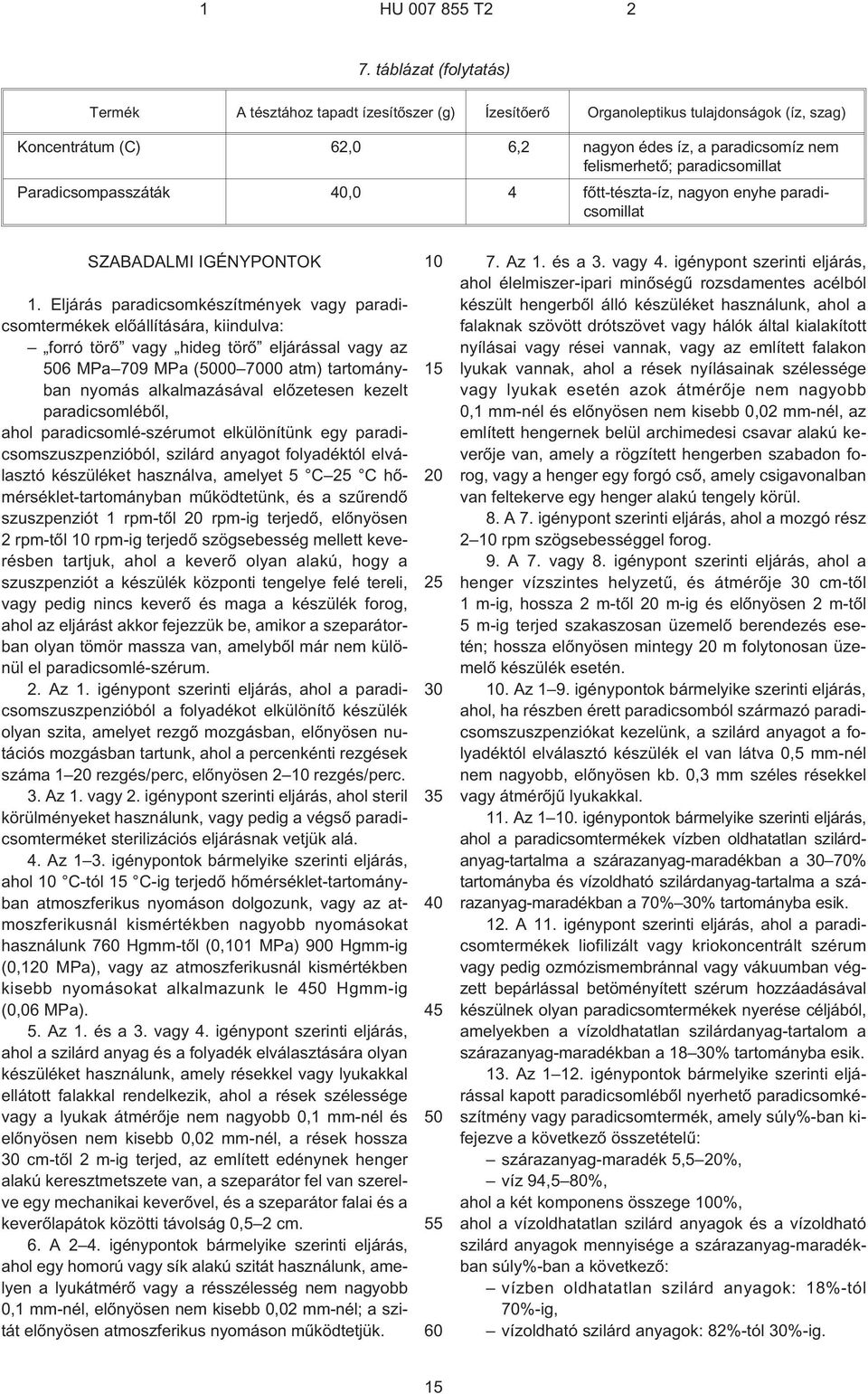 paradicsomillat Paradicsompasszáták 40,0 4 fõtt-tészta¹íz, nagyon enyhe paradicsomillat SZABADALMI IGÉNYPONTOK 1.