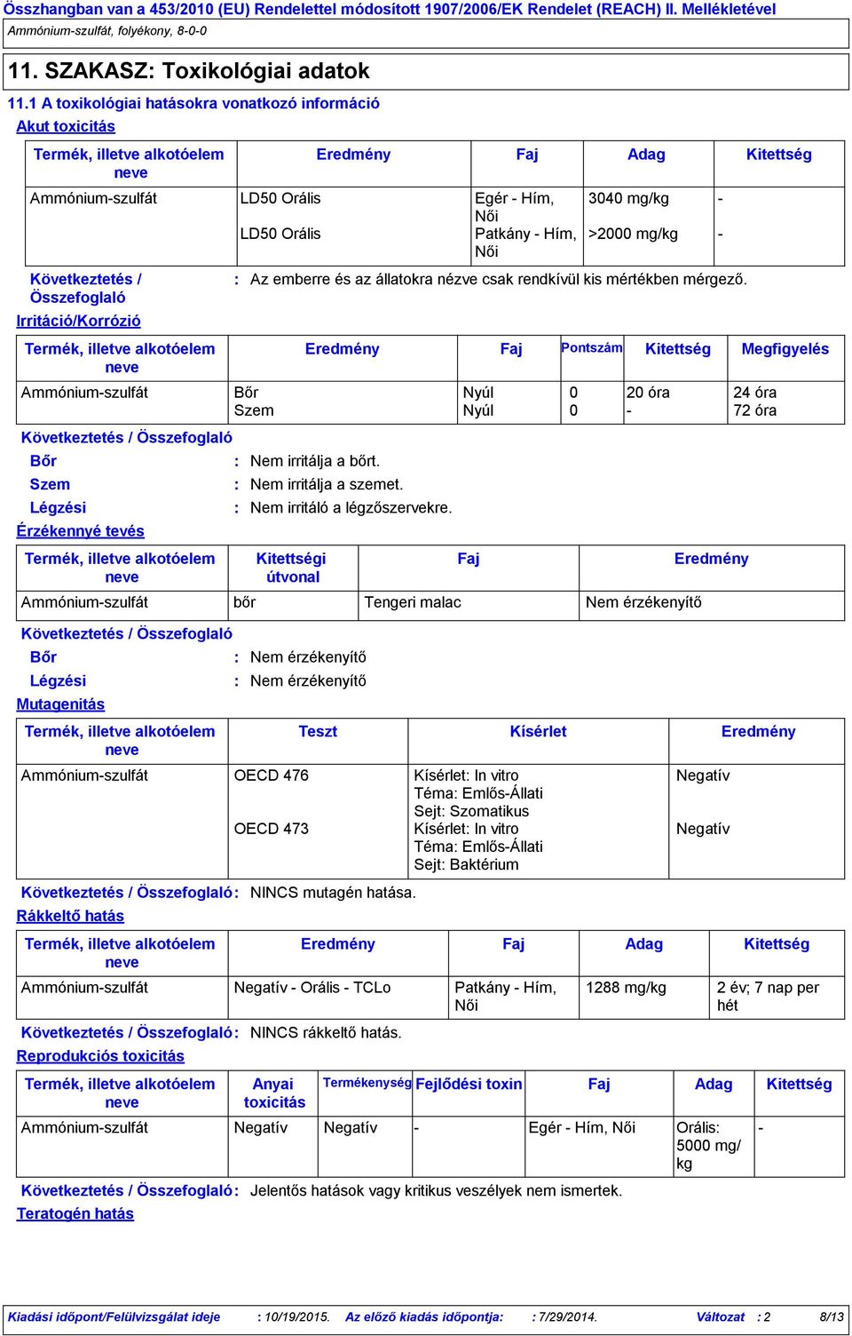 Irritáció/Korrózió Mutagenitás Rákkeltő hatás 3040 mg/kg >2000 mg/kg Az emberre és az állatokra nézve csak rendkívül kis mértékben mérgező.