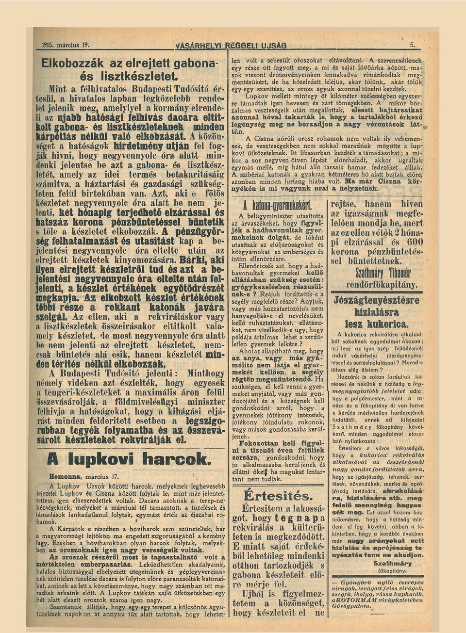 elrende li z ujbb htági felhívás dcár eltit kolt gbon- lisztkzleteknek minden kárpótlás nélkül vló elkobzását.