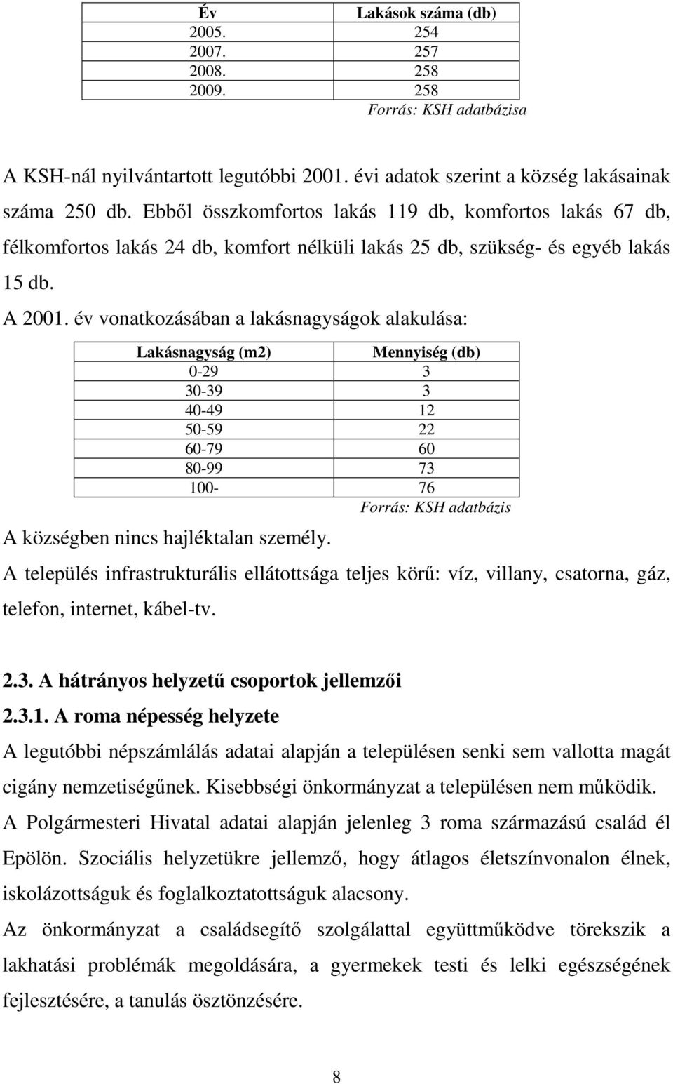 év vonatkozásában a lakásnagyságok alakulása: Lakásnagyság (m2) Mennyiség (db) 0-29 3 30-39 3 40-49 12 50-59 22 60-79 60 80-99 73 100-76 Forrás: KSH adatbázis A községben nincs hajléktalan személy.