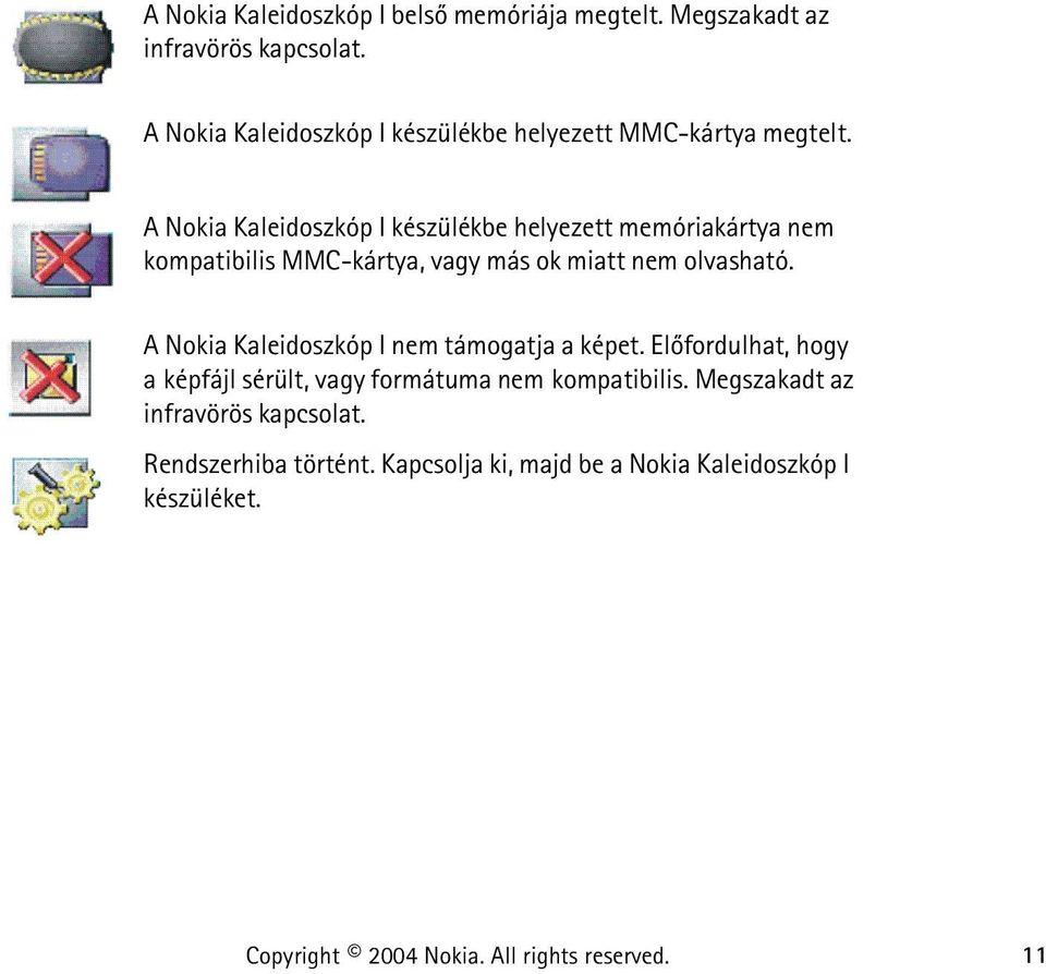 A Nokia Kaleidoszkóp I készülékbe helyezett memóriakártya nem kompatibilis MMC-kártya, vagy más ok miatt nem olvasható.