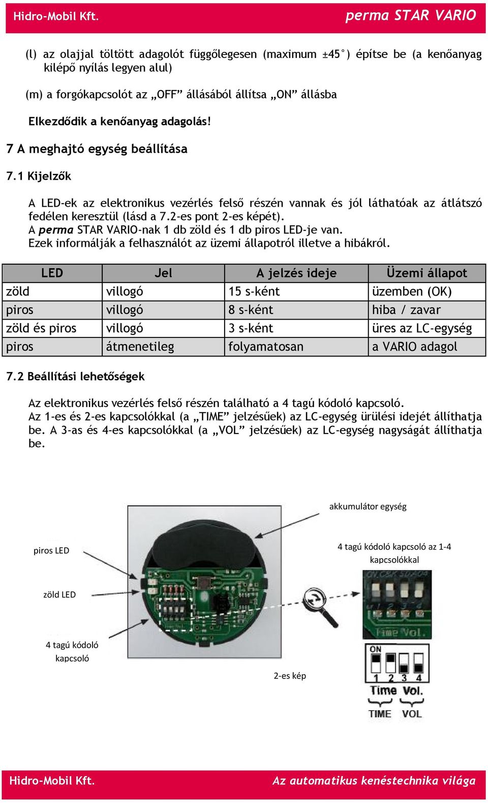 A -nak 1 db zöld és 1 db piros LED-je van. Ezek informálják a felhasználót az üzemi állapotról illetve a hibákról.