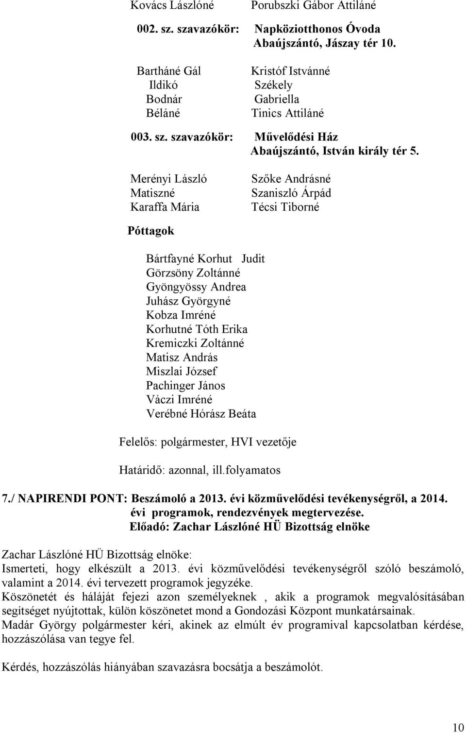 Merényi László Matiszné Karaffa Mária Szőke Andrásné Szaniszló Árpád Técsi Tiborné Póttagok Bártfayné Korhut Judit Görzsöny Zoltánné Gyöngyössy Andrea Juhász Györgyné Kobza Imréné Korhutné Tóth Erika