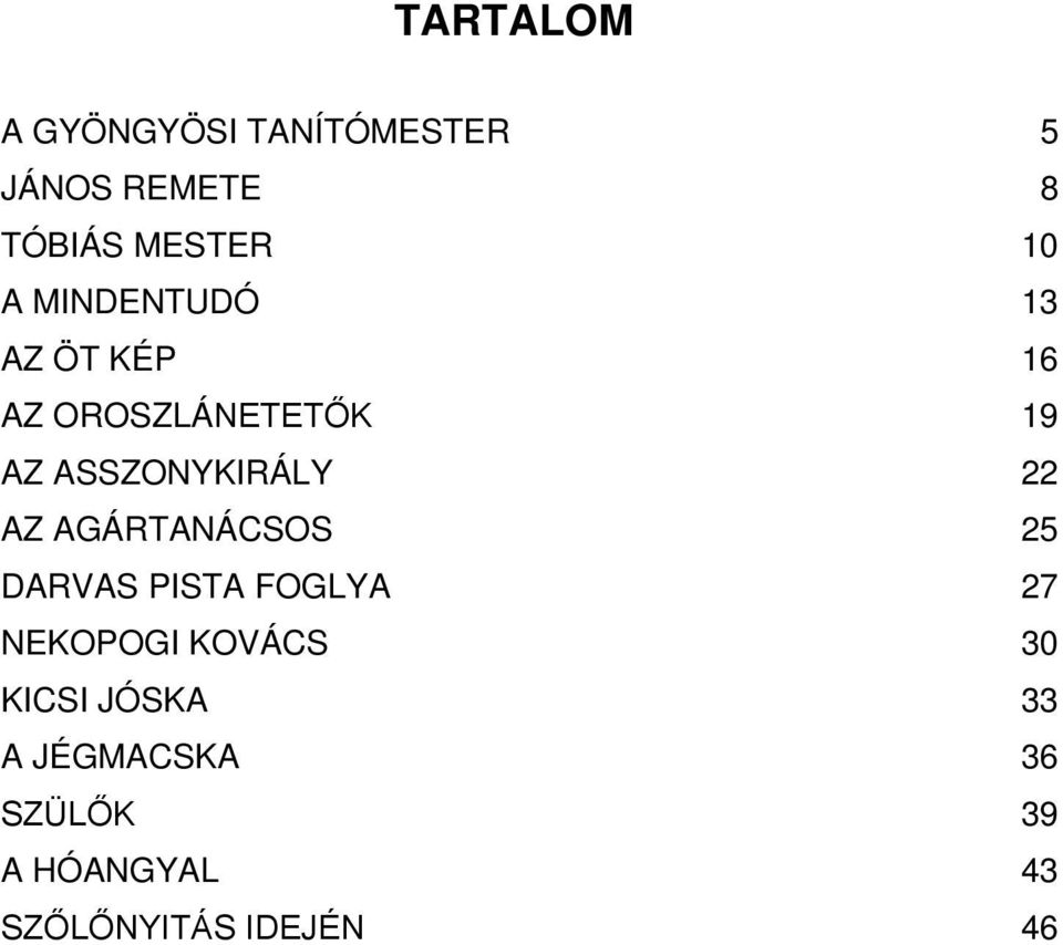 22 AZ AGÁRTANÁCSOS 25 DARVAS PISTA FOGLYA 27 NEKOPOGI KOVÁCS 30