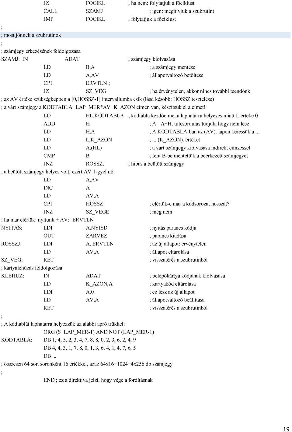 (lásd később: HOSSZ tesztelése) a várt számjegy a KODTABLA+LAP_MER*AV+K_AZON címen van, készítsük el a címet!