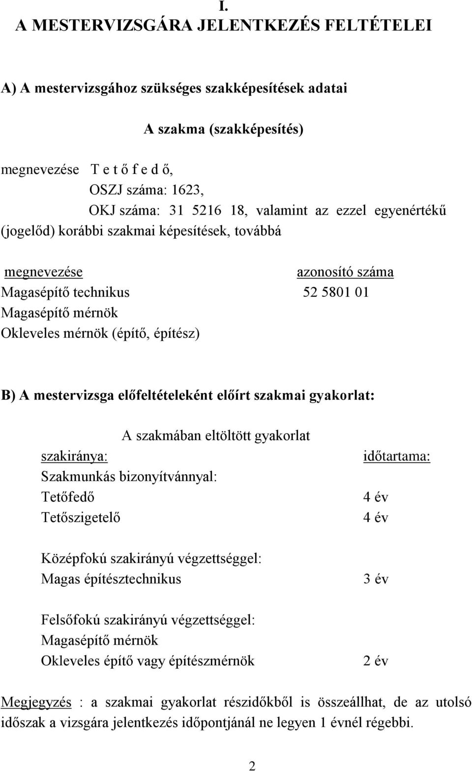 mestervizsga előfeltételeként előírt szakmai gyakorlat: A szakmában eltöltött gyakorlat szakiránya: Szakmunkás bizonyítvánnyal: Tetőfedő Tetőszigetelő Középfokú szakirányú végzettséggel: Magas