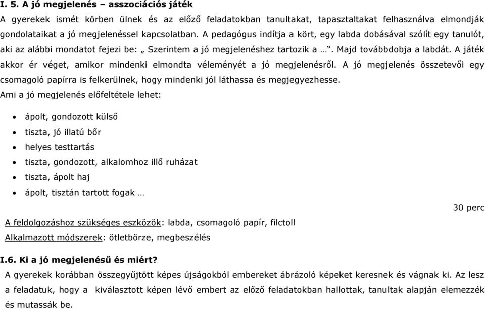 A játék akkor ér véget, amikor mindenki elmondta véleményét a jó megjelenésről. A jó megjelenés összetevői egy csomagoló papírra is felkerülnek, hogy mindenki jól láthassa és megjegyezhesse.