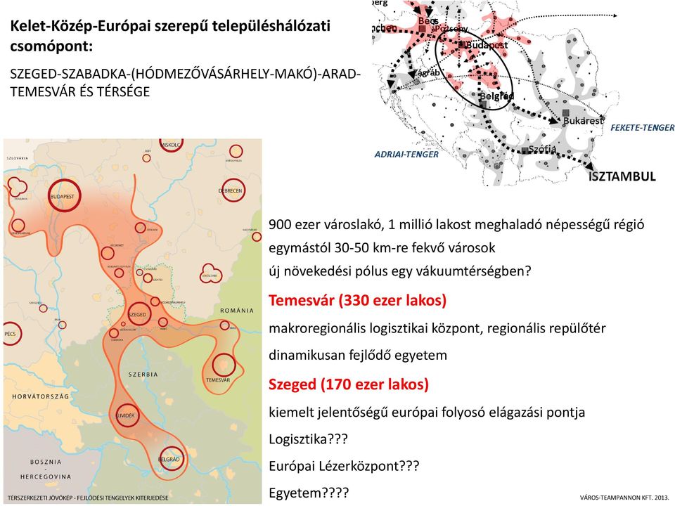 Temesvár (330 ezer lakos) makroregionális logisztikai központ, regionális repülőtér dinamikusan fejlődő egyetem Szeged (170 ezer