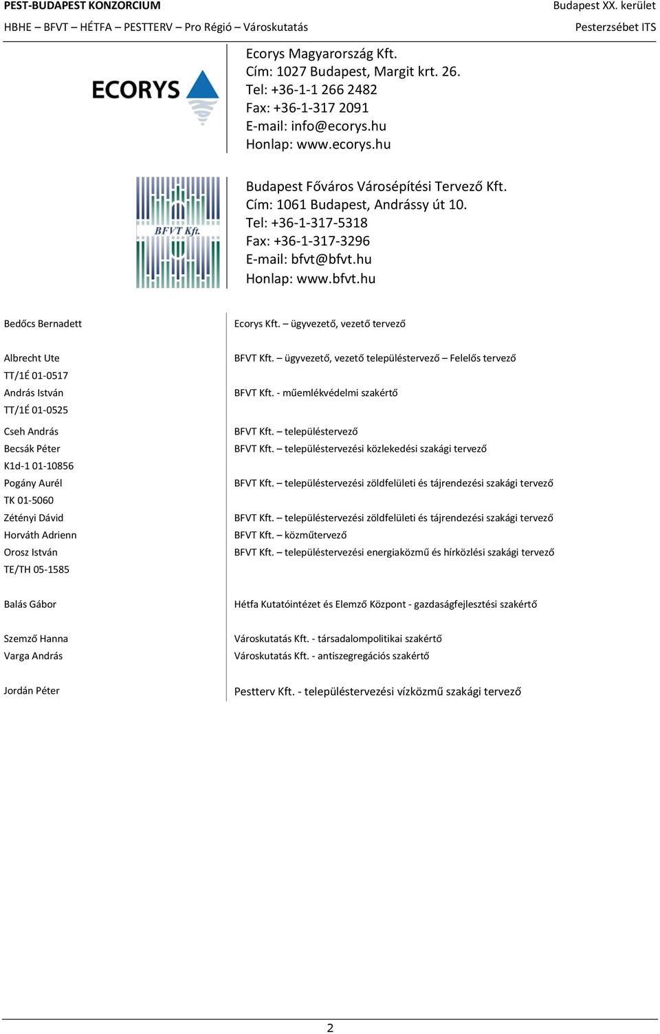 ügyvezető, vezető tervező Albrecht Ute TT/1É 01-0517 András István TT/1É 01-0525 Cseh András Becsák Péter K1d-1 01-10856 Pogány Aurél TK 01-5060 Zétényi Dávid Horváth Adrienn Orosz István TE/TH