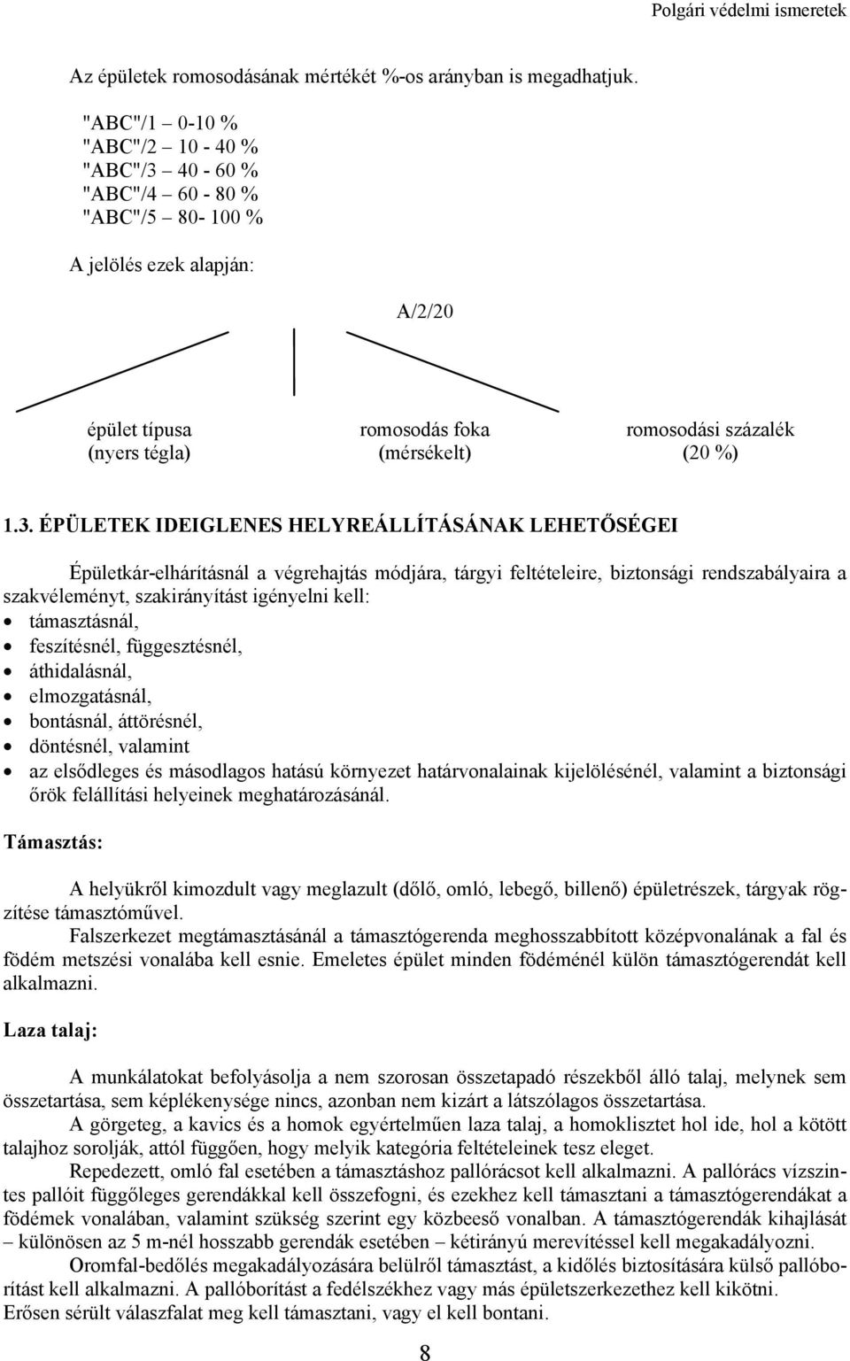 40-60 % "ABC"/4 60-80 % "ABC"/5 80-100 % A jelölés ezek alapján: A/2/20 épület típusa (nyers tégla) romosodás foka (mérsékelt) romosodási százalék (20 %) 1.3.