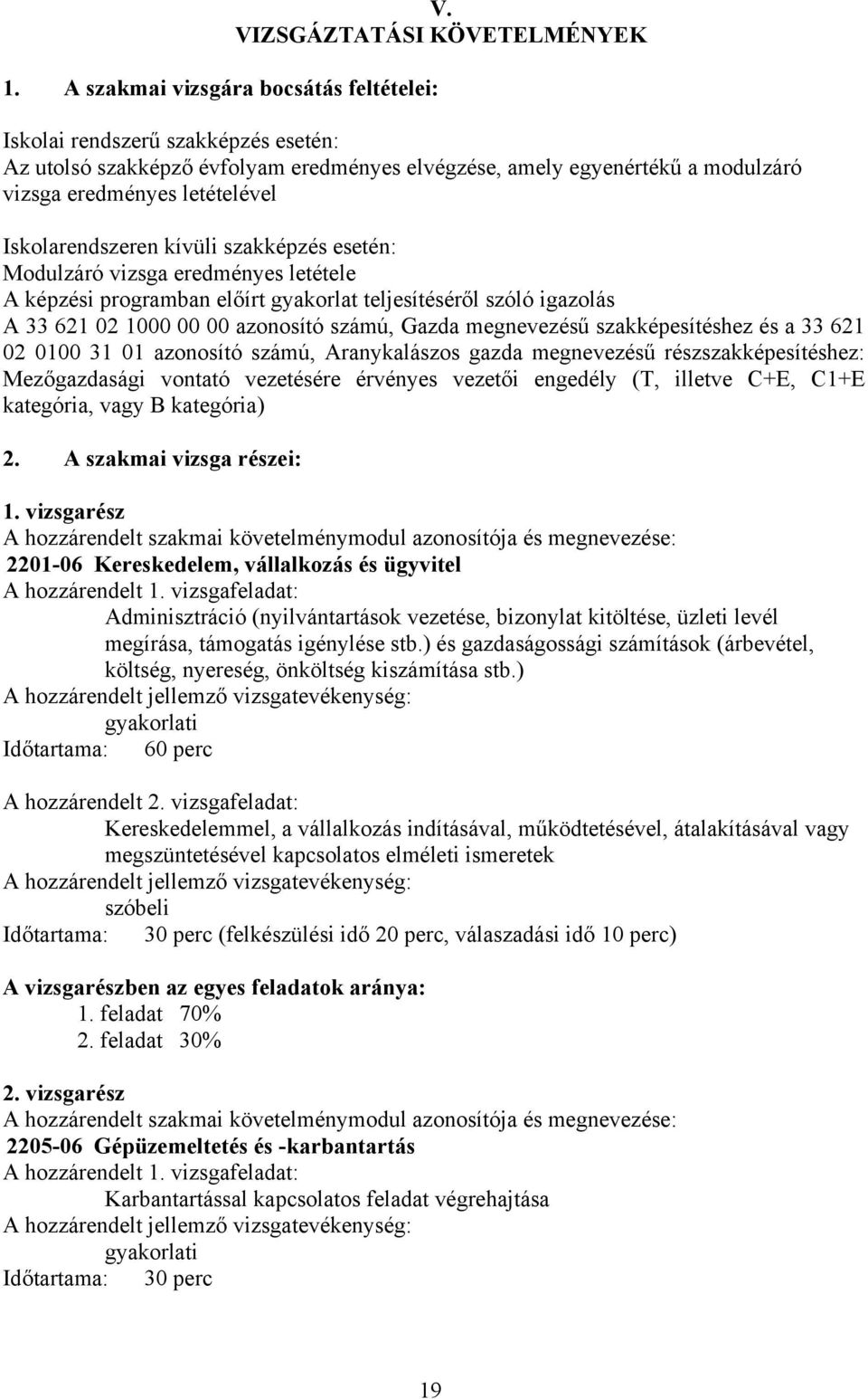 szakképzés esetén: Modulzáró vizsga eredményes letétele A képzési programban előírt gyakorlat teljesítéséről szóló igazolás A 33 621 02 1000 00 00 azonosító számú, Gazda megnevezésű szakképesítéshez