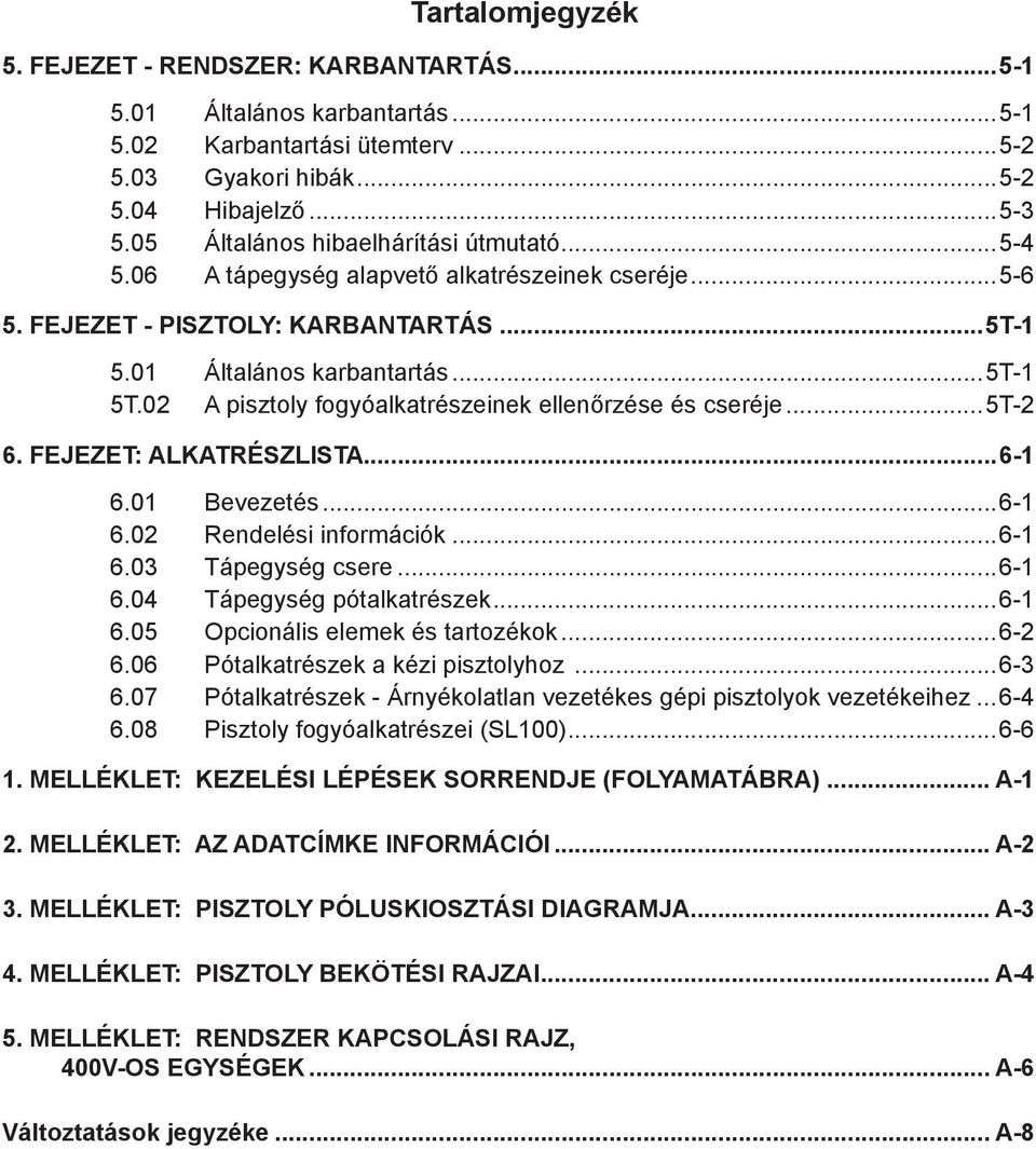 0 A pisztoly fogyóalkatrészeinek ellenőrzése és cseréje...5t- 6. FEJEZET: ALKATRÉSZLISTA...6-6.0 Bevezetés...6-6.0 Rendelési információk...6-6.03 Tápegység csere...6-6.04 Tápegység pótalkatrészek...6-6.05 Opcionális elemek és tartozékok.