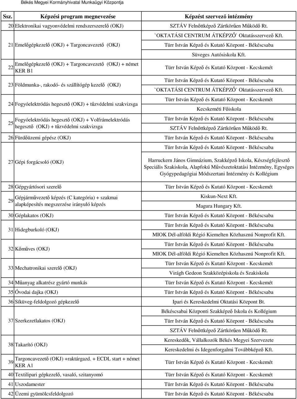 Kecskeméti Fıiskola 26 Fürdıüzemi gépész (OKJ) 27 Gépi forgácsoló (OKJ) Harruckern János Gimnázium, Szakképzı Iskola, Készségfejlesztı Speciális Szakiskola, Alapfokú Mővészetoktatási Intézmény,