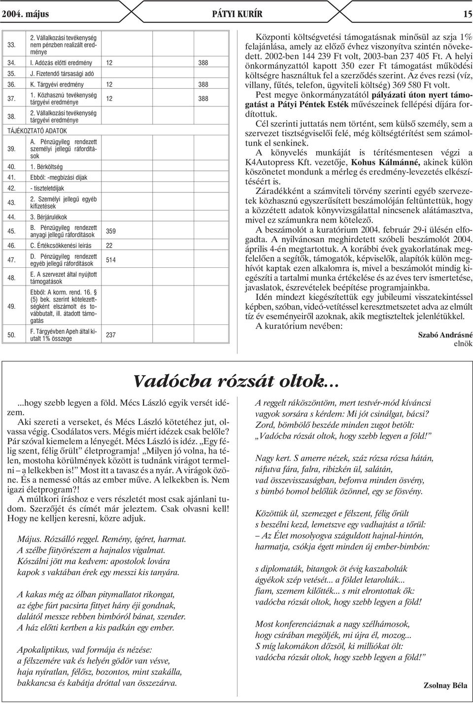 Személyi jellegû egyéb kifizetések 44. 3. Bérjárulékok 45. B. Pénzügyileg rendezett anyagi jellegû ráfordítások 359 46. C. Értékcsökkenési leírás 22 47. 48. 49. 50. D.