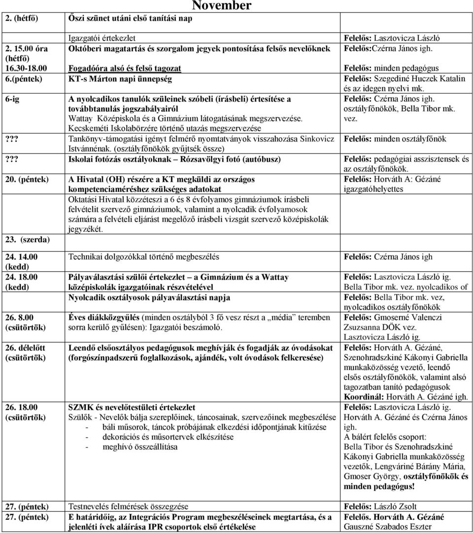 KT-s Márton napi ünnepség Szegediné Huczek Katalin és az idegen nyelvi mk. 6-ig A nyolcadikos tanulók szüleinek szóbeli (írásbeli) értesítése a Czérna János igh.