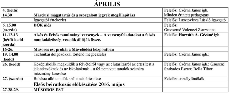 Műsoros est próbái a Művelődési központban 19. 14.00 Technikai dolgozókkal történő megbeszélés 26.