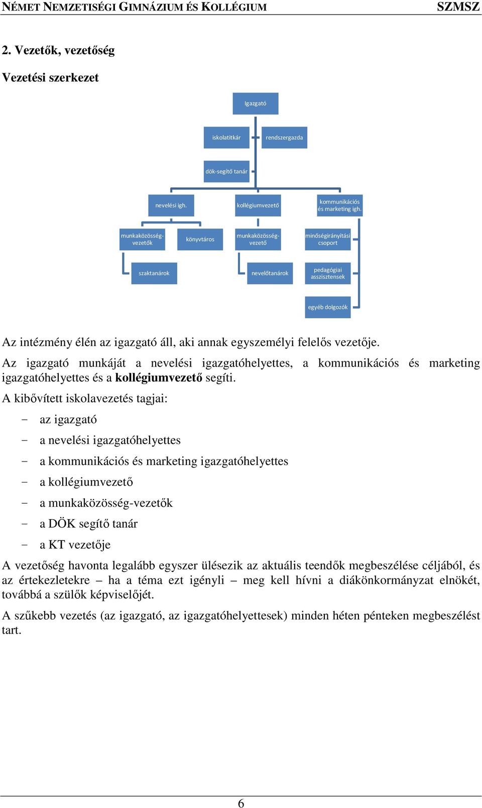 egyszemélyi felelős vezetője. Az igazgató munkáját a nevelési igazgatóhelyettes, a kommunikációs és marketing igazgatóhelyettes és a kollégiumvezető segíti.