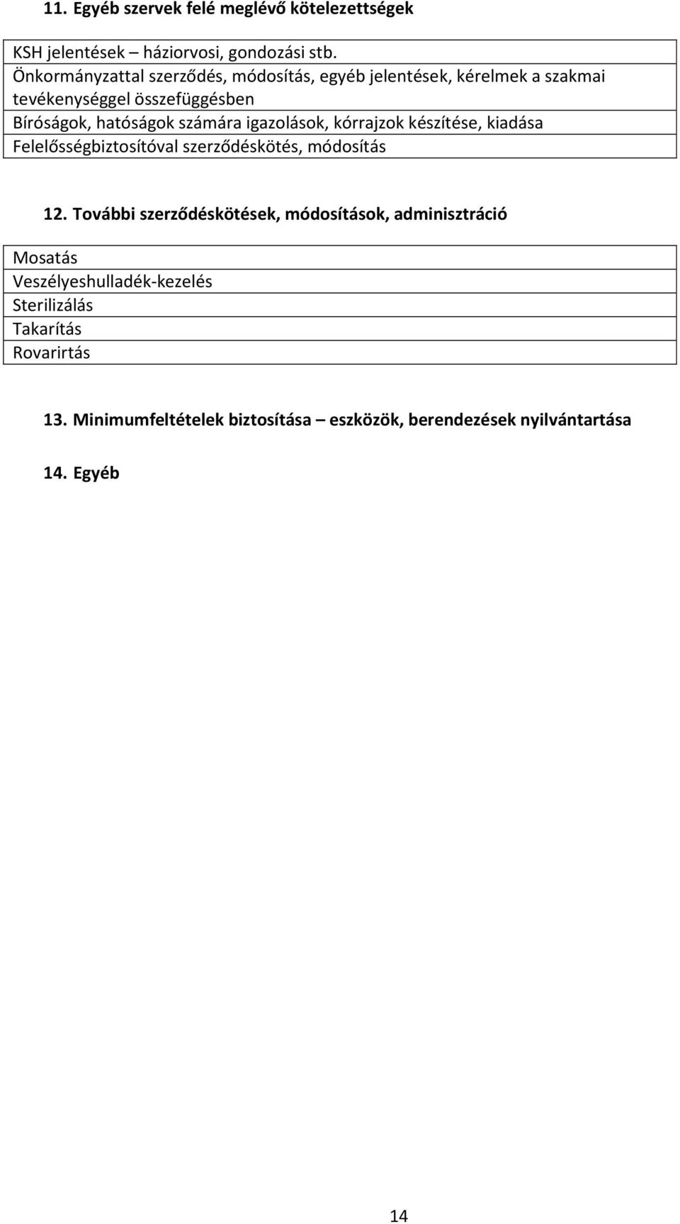 számára igazolások, kórrajzok készítése, kiadása Felelősségbiztosítóval szerződéskötés, módosítás 12.