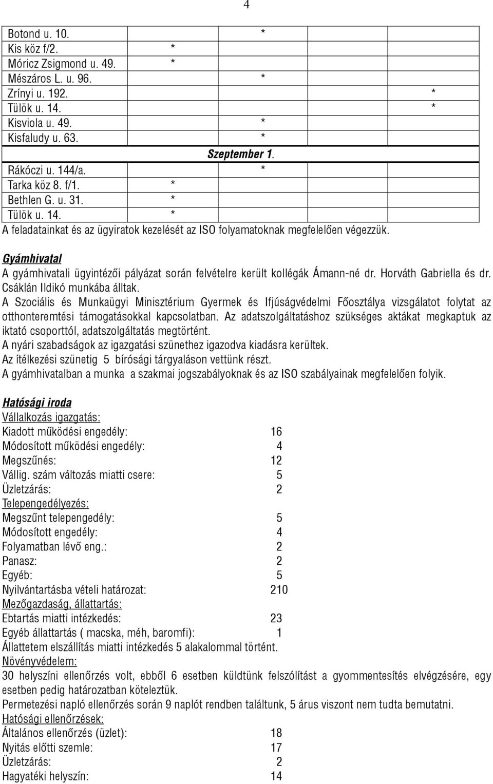 4 Gyámhivatal A gyámhivatali ügyintézői pályázat során felvételre került kollégák Ámann-né dr. Horváth Gabriella és dr. Csáklán Ildikó munkába álltak.