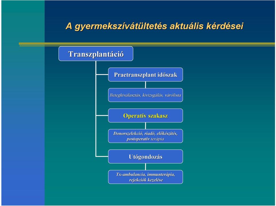 Operatív v szakasz Donorszelekció,, riadó,, előkész szítés, s, postoperativ