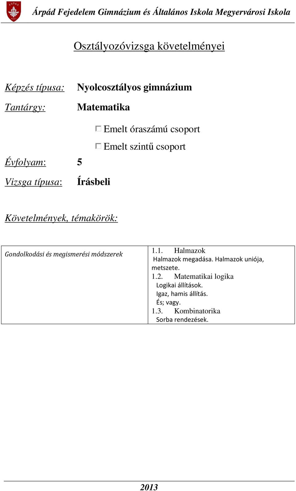 Gondolkodási és megismerési módszerek 1.1. Halmazok Halmazok megadása. Halmazok uniója, metszete. 1.2.