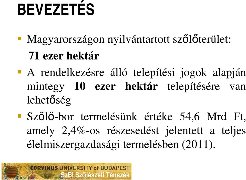 telepítésére van lehetőség Szőlő-bor termelésünk értéke 54,6 Mrd Ft,