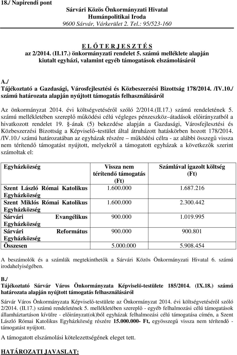 / számú határozata alapján nyújtott támogatás felhasználásáról Az önkormányzat 2014. évi költségvetéséről szóló 2/2014.(II.17.) számú rendeletének 5.