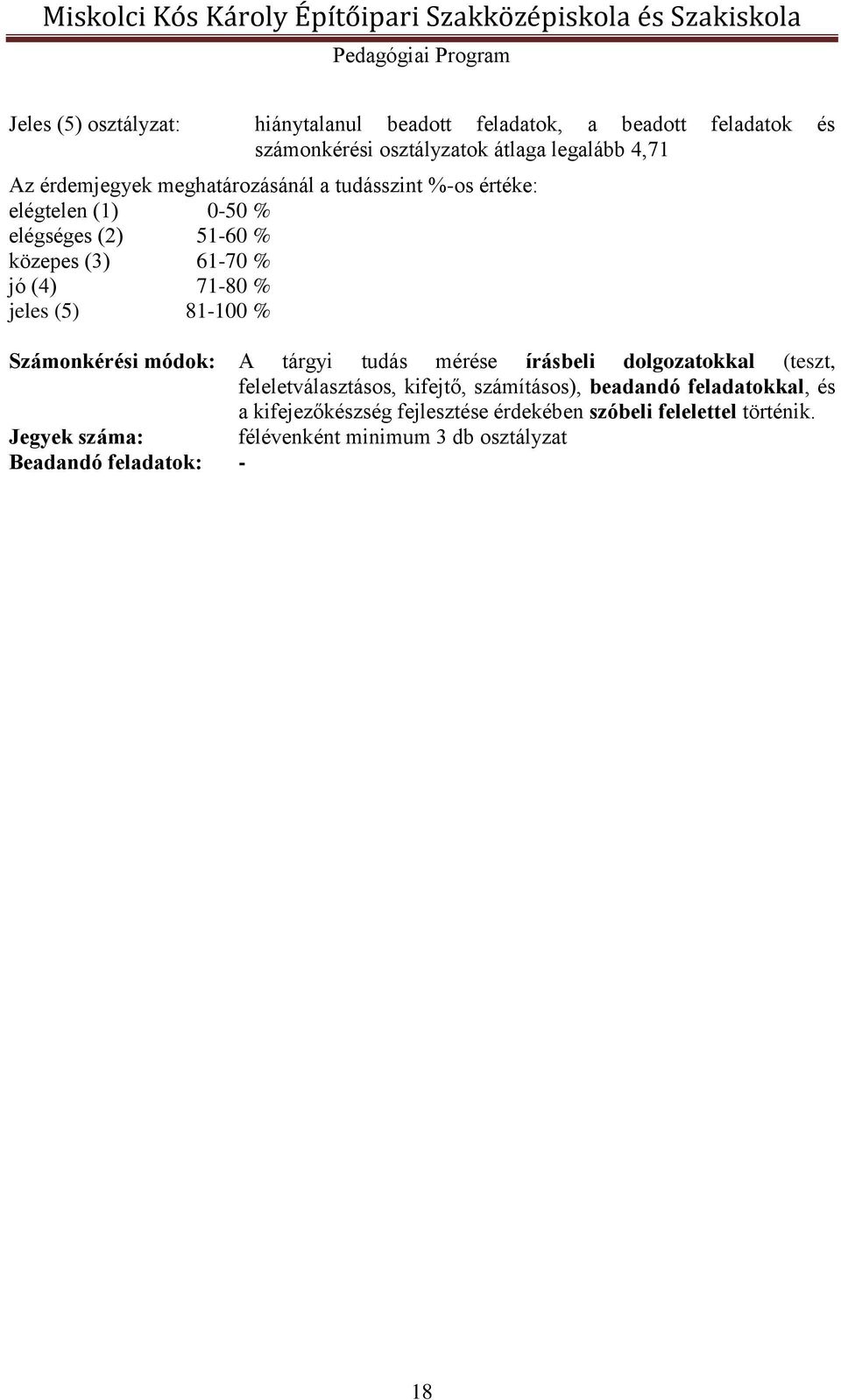 61-70 % jó (4) 71-80 % jeles (5) 81-100 % Számonkérési módok: A tárgyi tudás mérése írásbeli dolgozatokkal (teszt, feleletválasztásos, kifejtő, számításos),