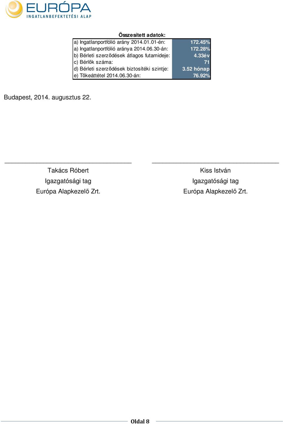 33év c) Bérlők száma: 71 d) Bérleti szerződések biztosítéki szintje: 3.52 hónap e) Tőkeáttétel 2014.06.