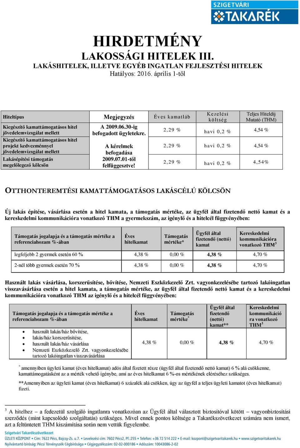 Kezelési költség Teljes Hiteldíj Mutató (THM) 2,29 % havi 0,2 % 4,54 % 2,29 % havi 0,2 % 4,54 % 2,29 % havi 0,2 % 4,54% OTTHONTEREMTÉSI KAMATTÁMOGATÁSOS LAKÁSCÉLÚ KÖLCSÖN Új lakás építése, vásárlása