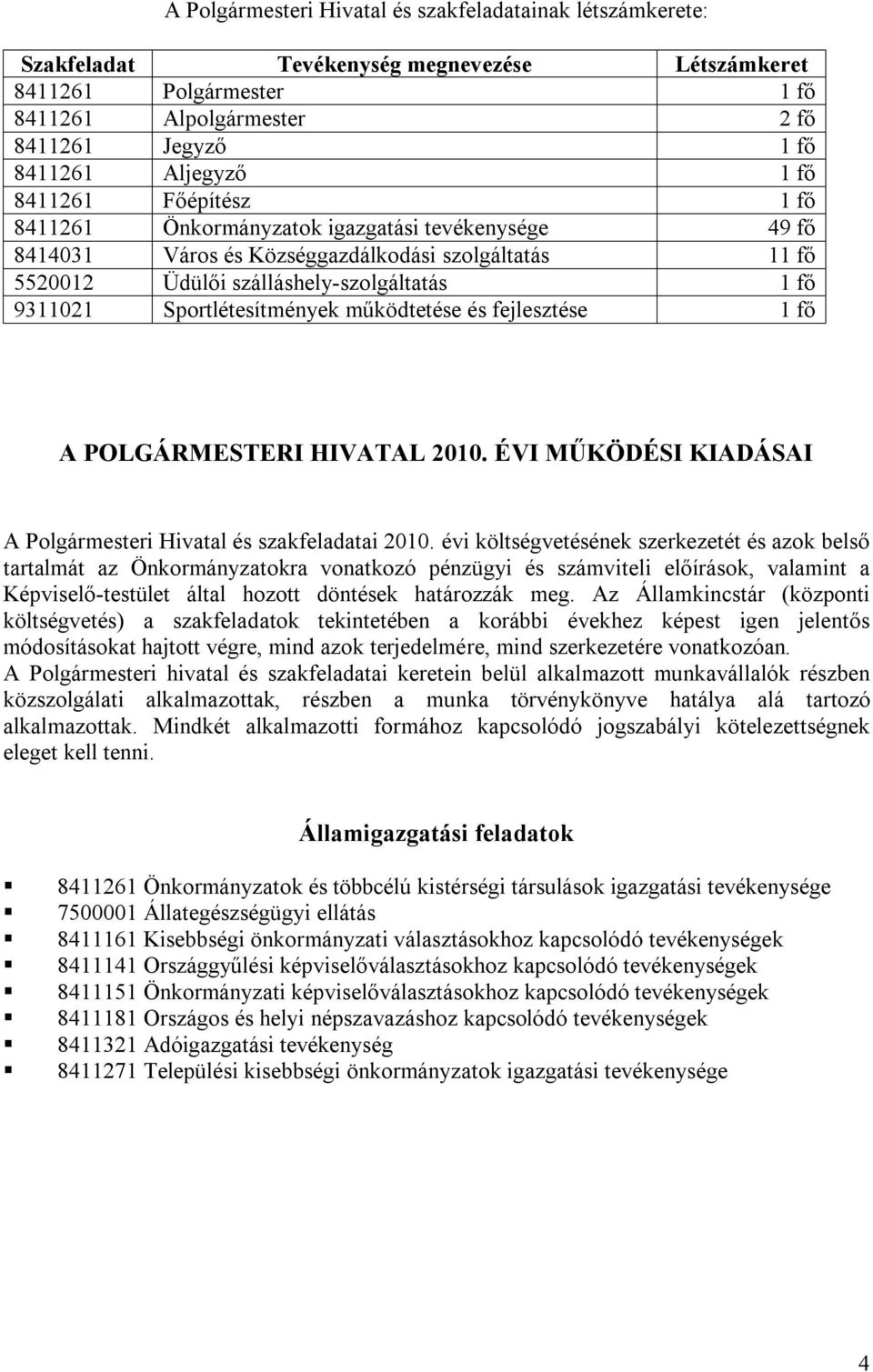 Sportlétesítmények működtetése és fejlesztése 1 fő A POLGÁRMESTERI HIVATAL 2010. ÉVI MŰKÖDÉSI KIADÁSAI A Polgármesteri Hivatal és szakfeladatai 2010.