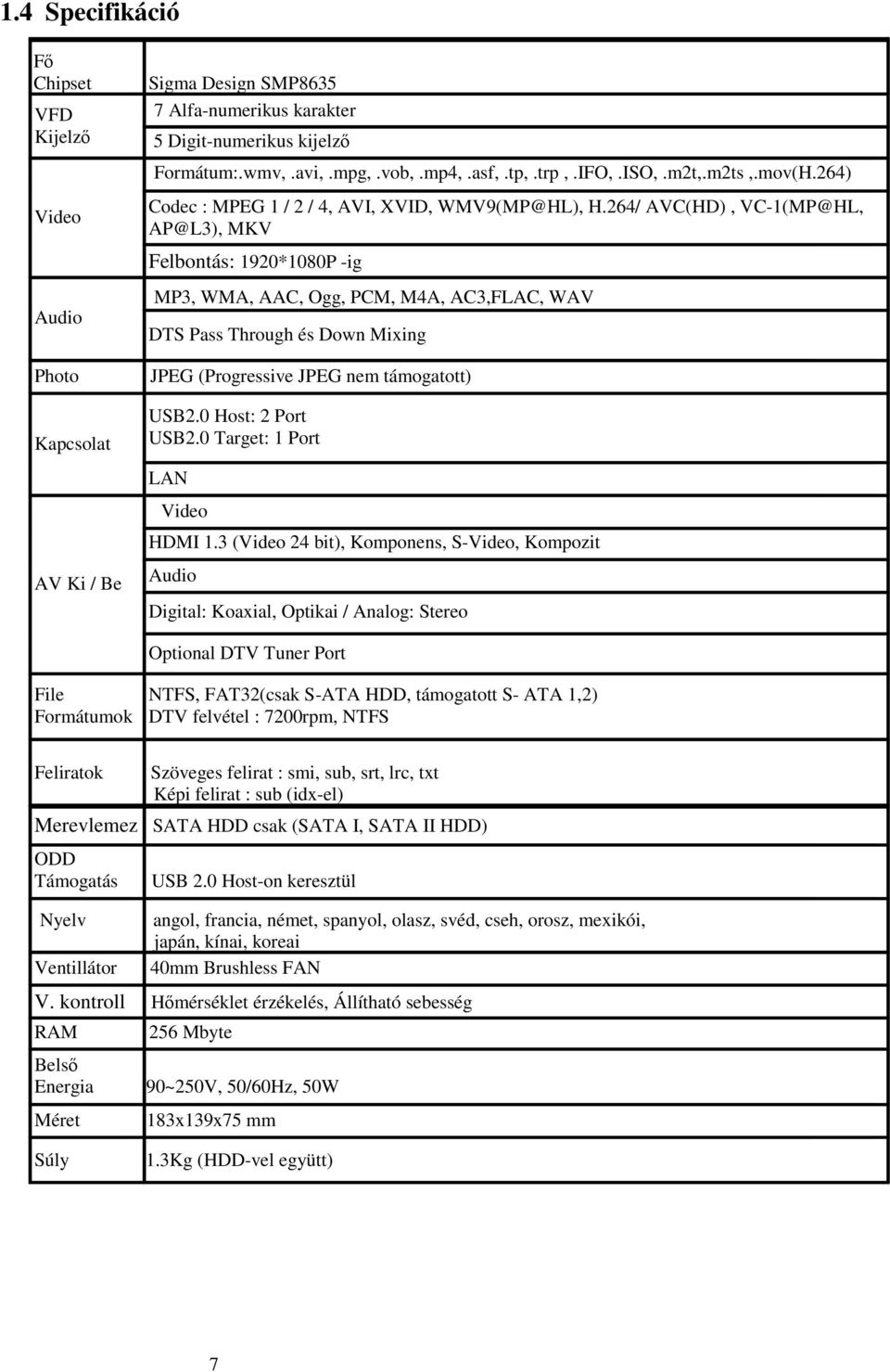 264/ AVC(HD), VC-1(MP@HL, AP@L3), MKV Felbontás: 1920*1080P -ig MP3, WMA, AAC, Ogg, PCM, M4A, AC3,FLAC, WAV DTS Pass Through és Down Mixing JPEG (Progressive JPEG nem támogatott) USB2.